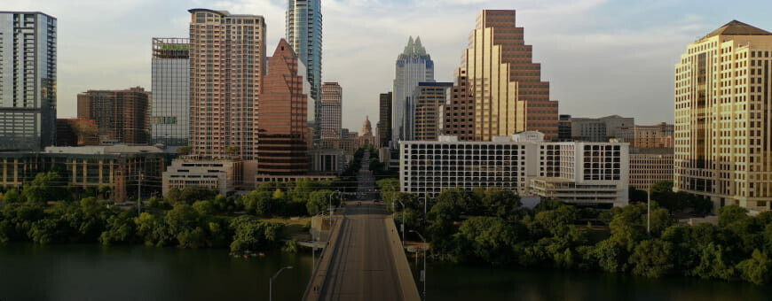 The downtown area of Austin, Texas with the state capitol building in the background.