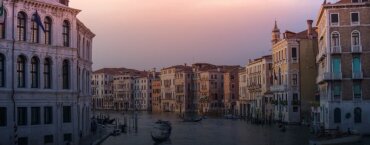 Gondolas in a canal in Venice.